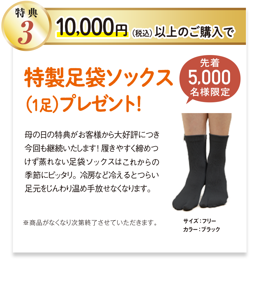 特典3 10,000円以上ご購入で、BSファイン特製足袋ソックス（1足）プレゼント! 先着5000名様限定