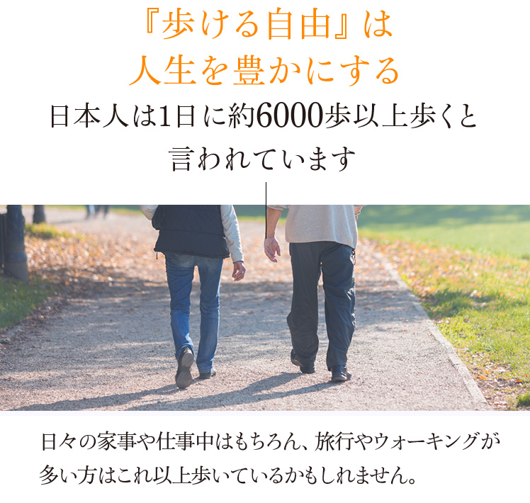 『歩ける自由』は人生を豊かにする 日本人は1日に約6000歩以上歩くと言われています 日々の家事や仕事中はもちろん旅行やウォーキングが多い方はこれ以上歩いているかもしれません。 