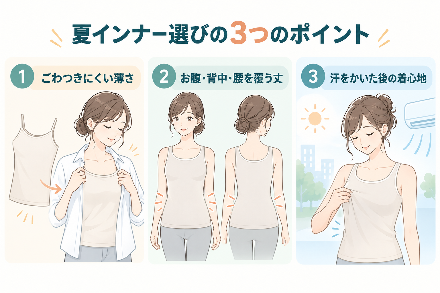 夏インナー選びの3つのポイント:薄さ、丈、汗をかいた後の着心地