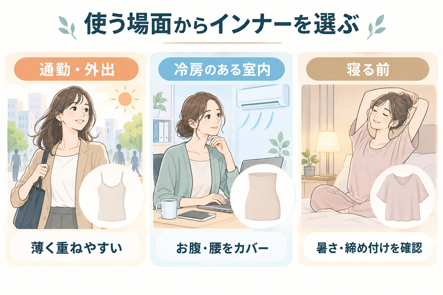 通勤・外出、冷房のある室内、寝る前の場面からインナーを選ぶ