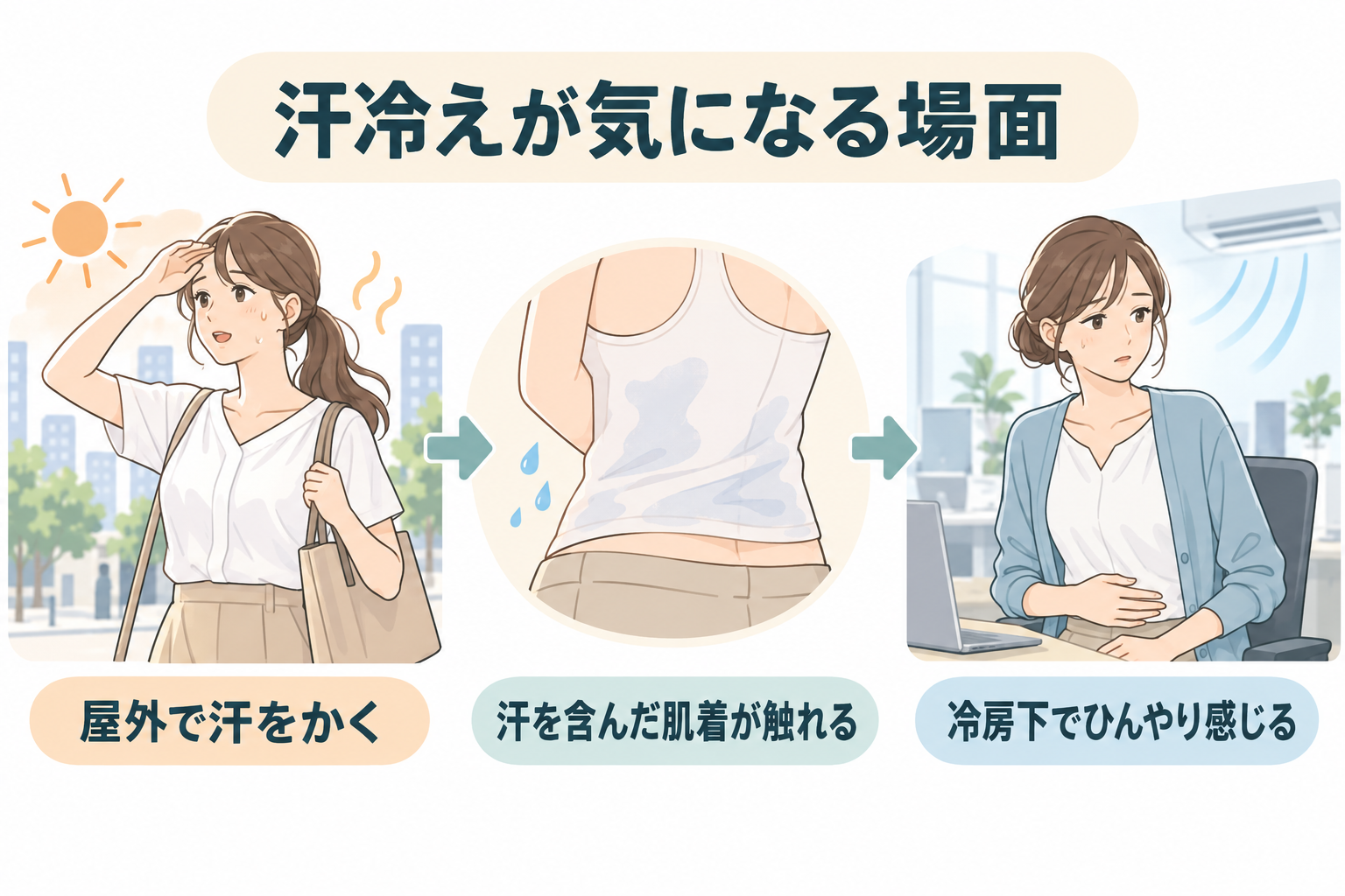 屋外で汗をかいた後、冷房下で肌着が冷たく感じる流れ