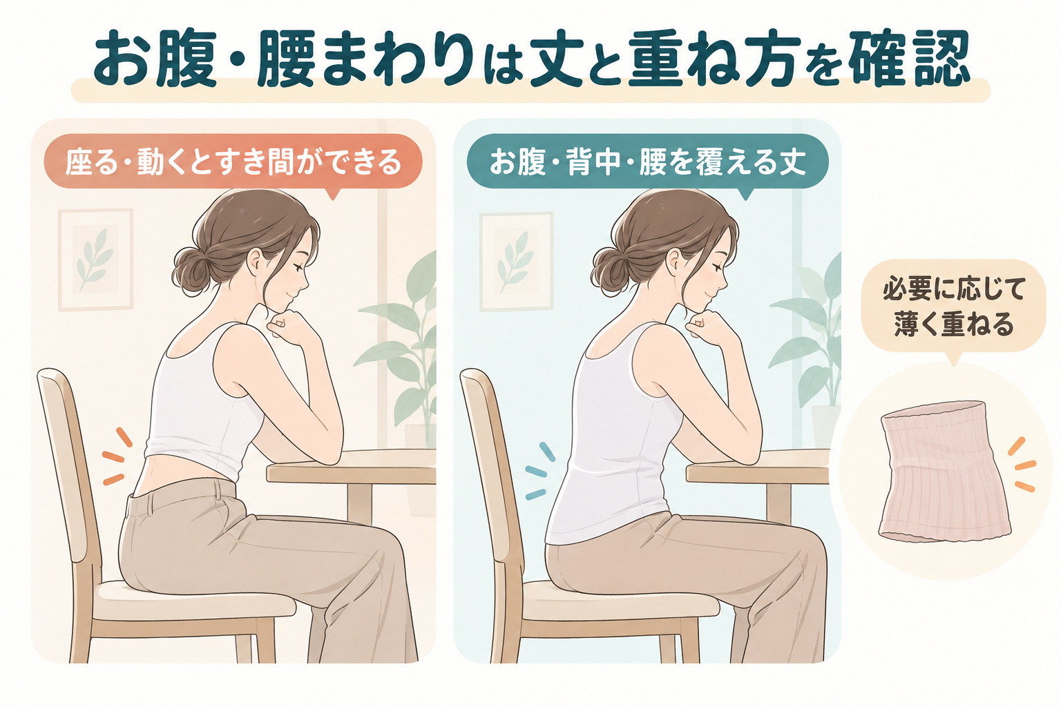 お腹・背中・腰まわりは丈と重ね方を確認する