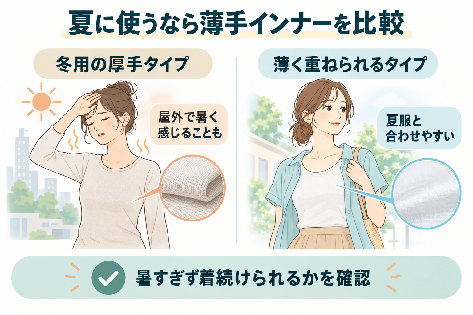 夏に使う厚手インナーと薄手インナーの比較