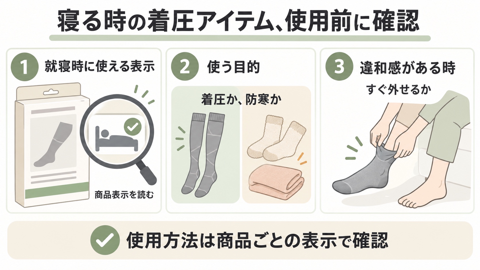 寝る時の着圧アイテム、使用前に確認