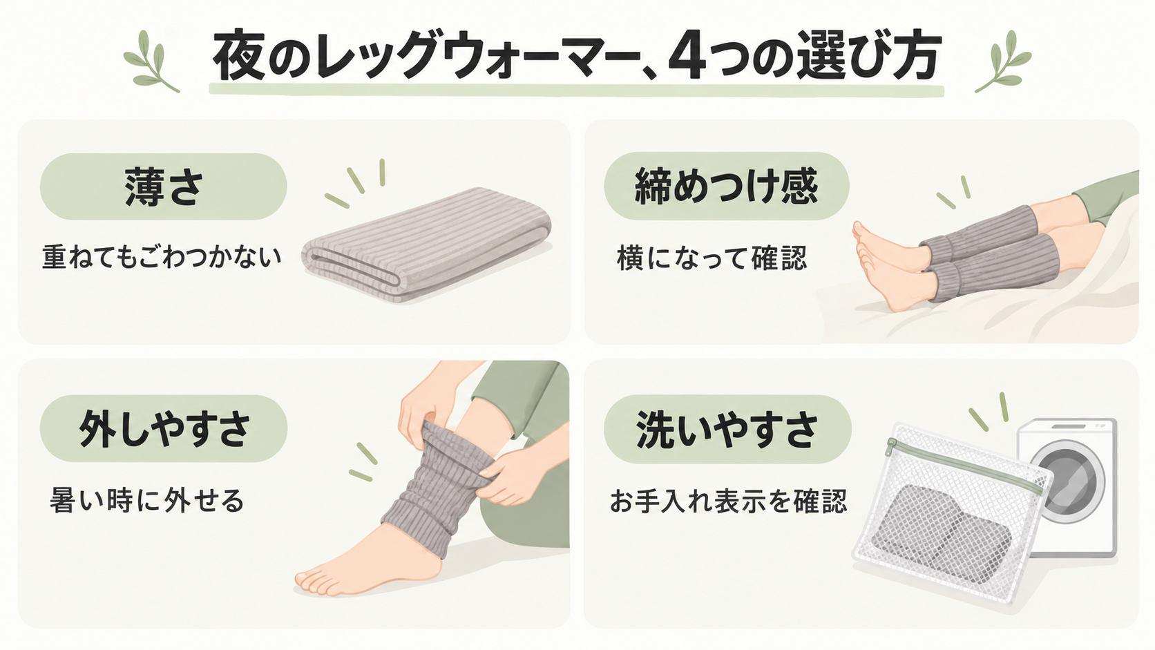 夜のレッグウォーマー、4つの選び方