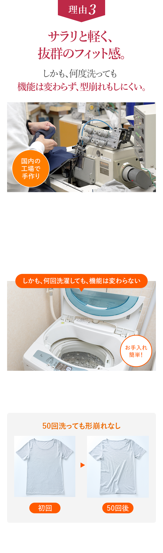 理由3 サラリと軽く、抜群のフィット感。しかも、何度洗っても機能は変わらず、型崩れもしにくい。