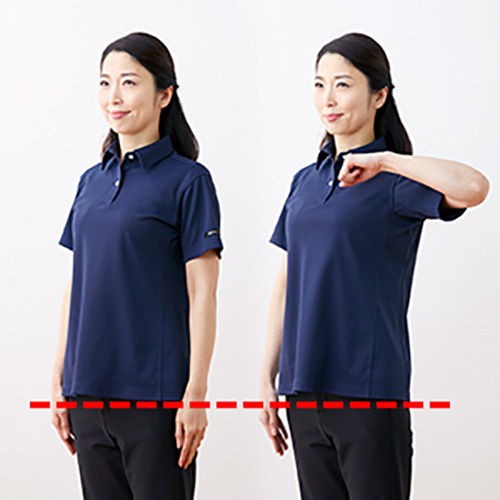 腕を上げても裾が上がりにくい動体裁断(R)