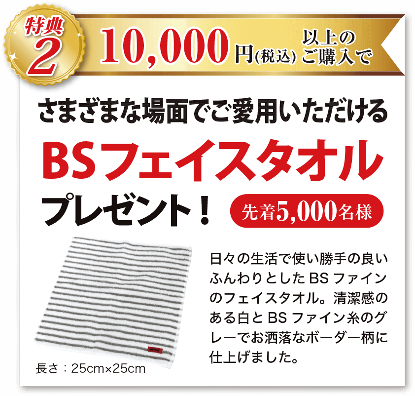 特典2 10,000円(税込)以上ご購入で、さまざまな場面でご愛用いただける BSフェイスタオル プレゼント! 先着5000名様