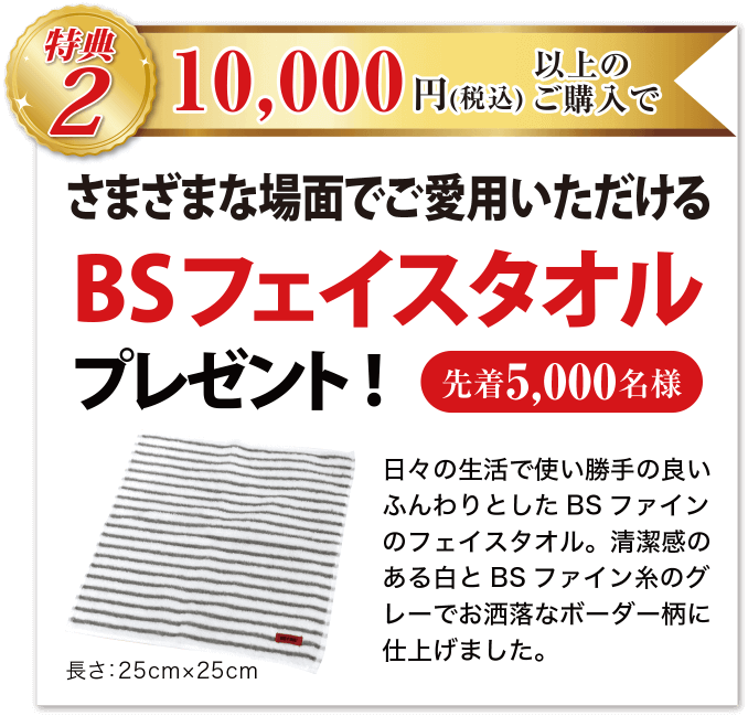 特典2 10,000円(税込)以上ご購入で、さまざまな場面でご愛用いただける BSフェイスタオル プレゼント! 先着5000名様