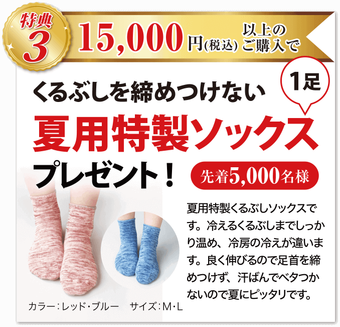 特典3 15,000円(税込)以上ご購入で、くるぶしを締めつけない夏用特製ソックス1足プレゼント! 先着5000名様