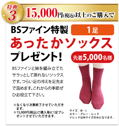 特典3 15,000円以上ご購入で、くるぶしを締めつけない夏用特製ソックス1足プレゼント! 先着5000名様