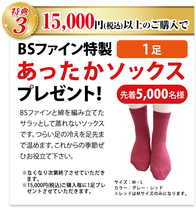 特典3 15,000円以上ご購入で、くるぶしを締めつけない夏用特製ソックス1足プレゼント! 先着5000名様