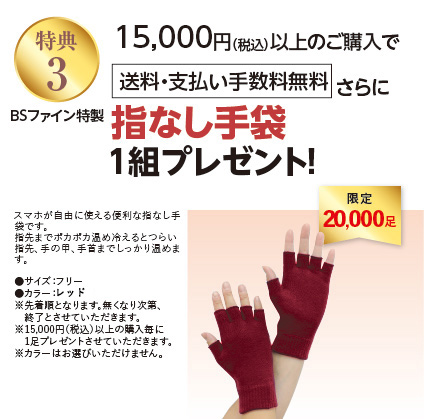 特典3 15,000円(税込)以上のご購入でBSファイン特製指なし手袋1組プレゼント！