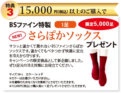 特典3 15,000円以上ご購入で、くるぶしを締めつけない夏用特製ソックス1足プレゼント! 先着5000名様
