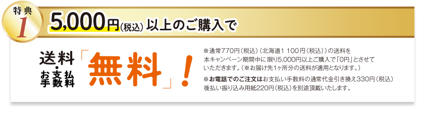 特典1 5,000円以上ご購入で、送料無料! はがき・FAX・WEB注文の場合 手数料無料