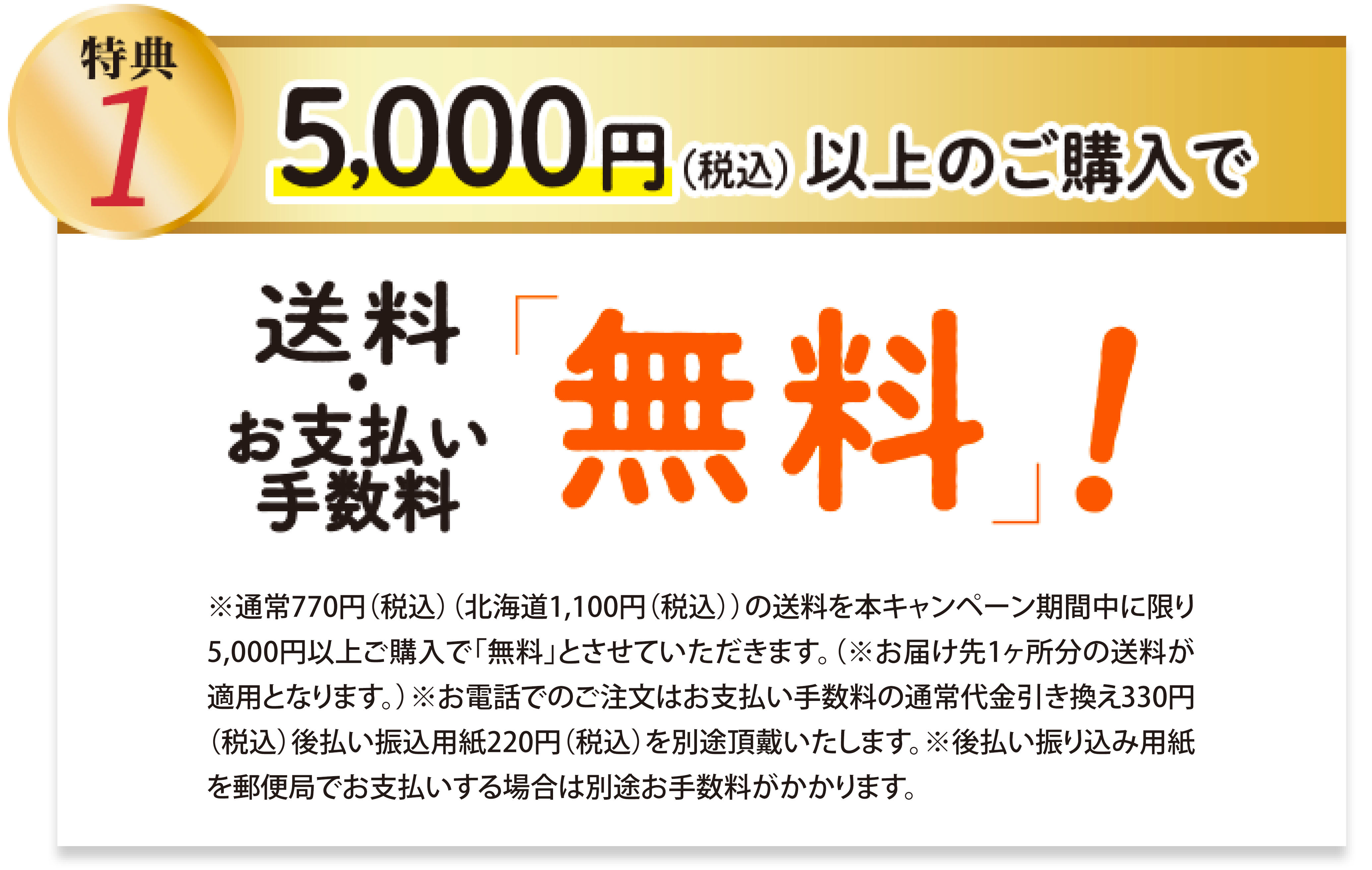 特典1 5,000円以上ご購入で、送料無料! はがき・FAX・WEB注文の場合 手数料無料