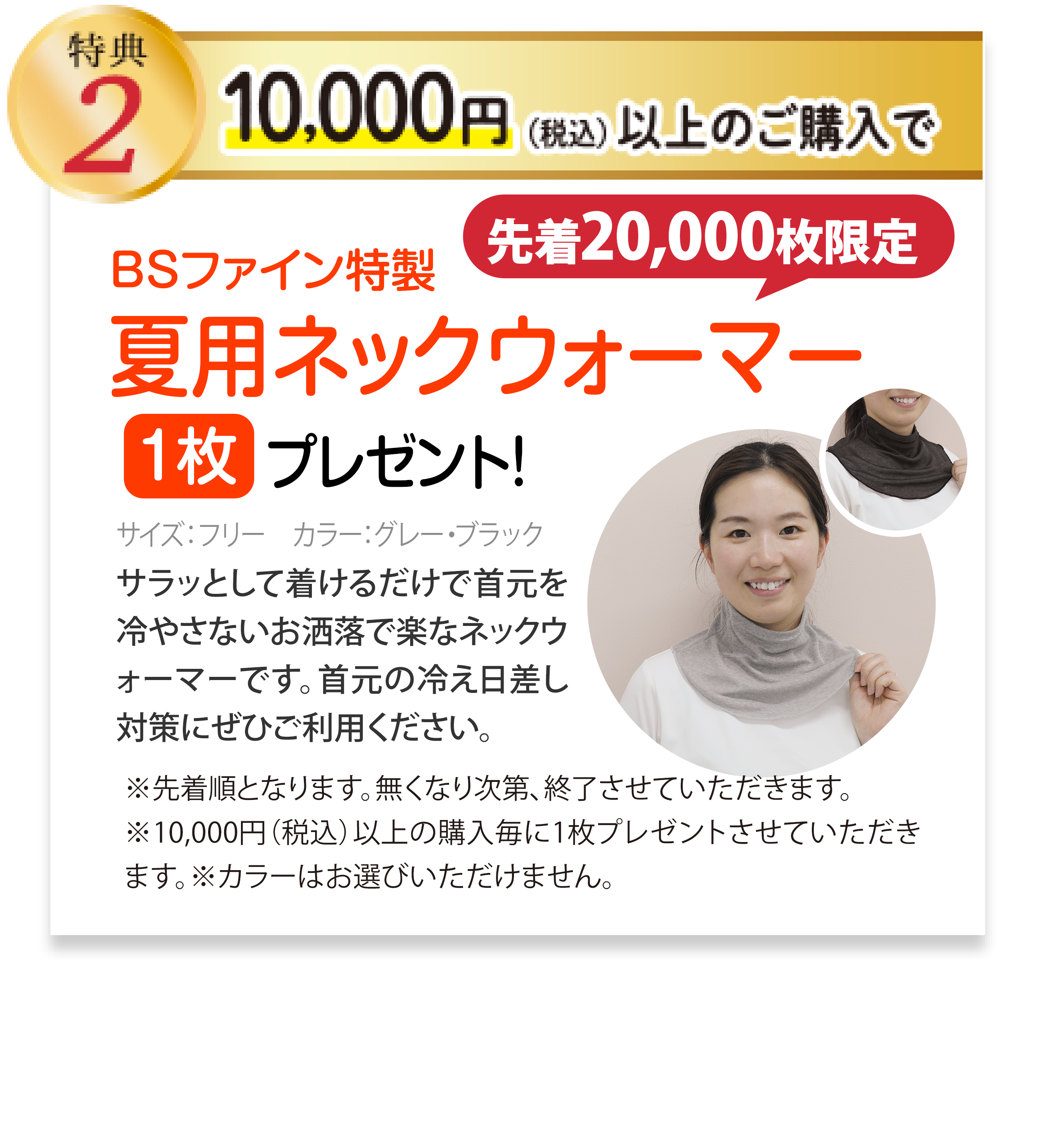 特典2 10,000円以上ご購入で、BSファイン特製 夏用ネックウォーマー(1枚) プレゼント! 先着20000枚限定