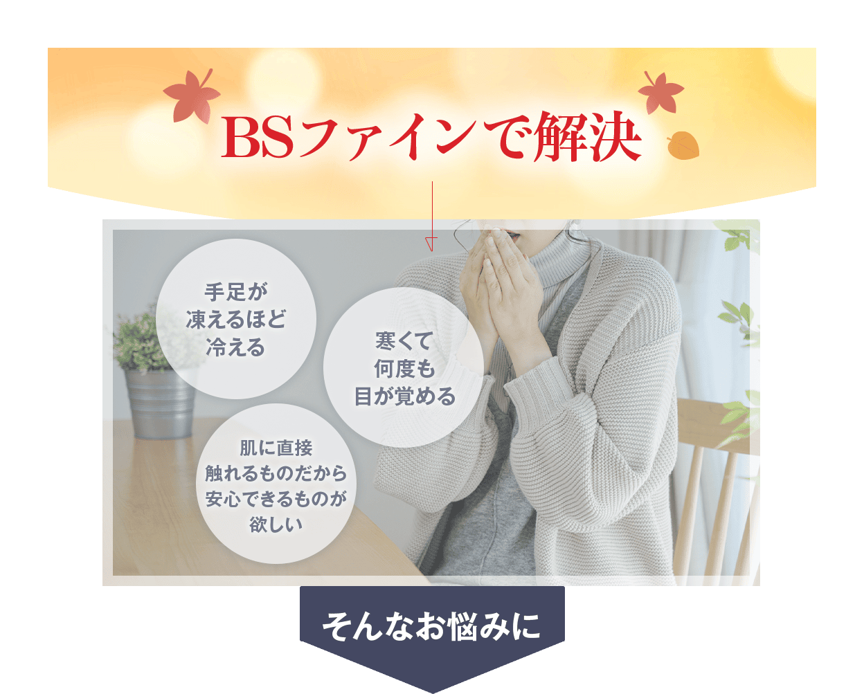 BSファインで解決 手足が凍えるほど冷える 寒くて何度も目が覚める 肌に直接触れるものだから安心できるものが欲しい そんなお悩みに