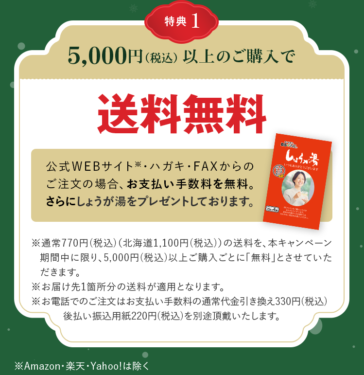 特典1 5,000円(税込)以上のご購入で 送料無料 公式WEBサイト※・ハガキ・FAXからのご注文の場合、お支払い手数料を無料。さらにしょうがゆしょうが湯をプレゼントしております。 ※通常770円(税込)(北海道1,100円(税込))の送料を本キャンペーン期間中に限り5,000円(税込)以上ご購入ごとに「無料」とさせていただきます。※お届け先1箇所の送料が適用となります。※お電話でのご注文はお支払い手数料の通常代金引き換え330円(税込)後払い振込用紙220円(税込)を別途頂戴いたします。※Amazon・楽天・Yahoo!は除く