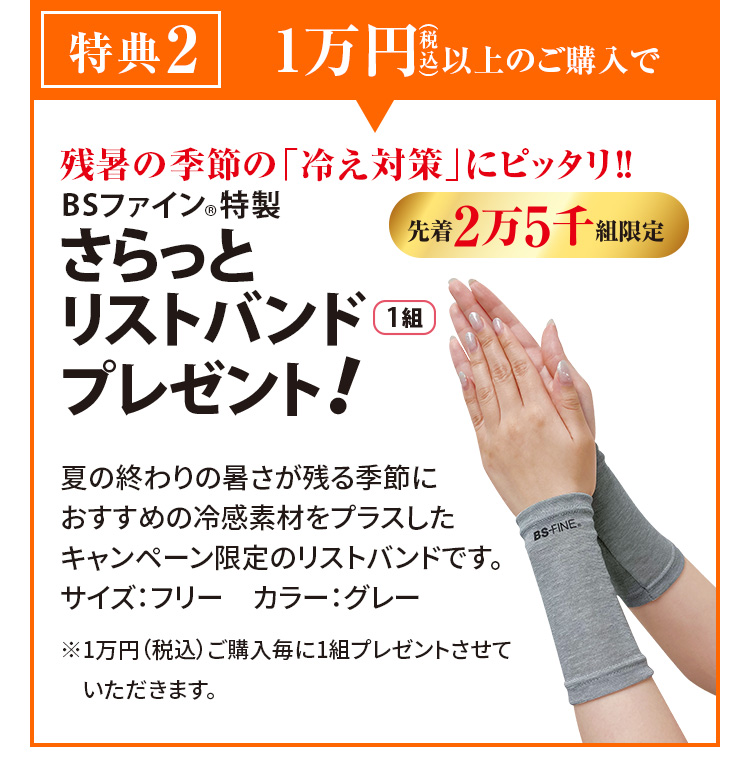 特典2 1万円（税込）以上のご購入で 残暑の季節の「冷え対策」にピッタリ！ BSファイン&reg;特製さらっとリストバンド1組プレゼント！ 先着2万5千組限定