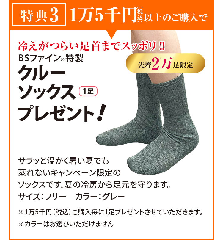 特典3 1万5千円（税込）以上のご購入で冷えがつらい足首までスッポリ！BSファイン&reg;特製クルーソックス1足プレゼント！ 先着2万足限定