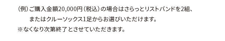 （例）ご購入金額20,000円（税込）の場合はさらっとリストバンドを2組、またはクルーソックス1足からお選びいただけます。※なくなり次第終了とさせていただきます。