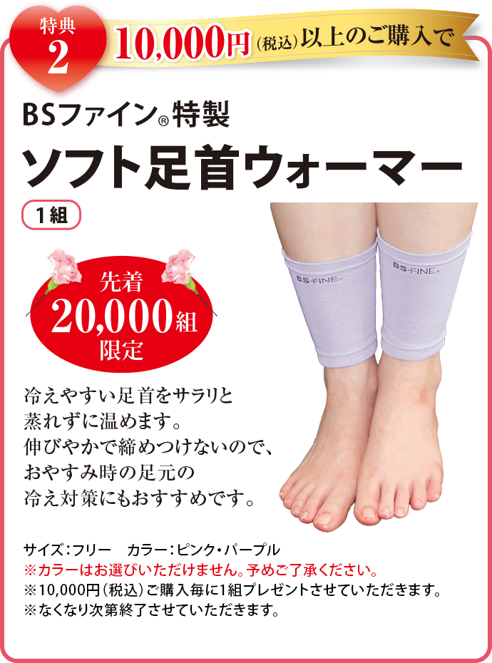 特典2 10,000円(税込)以上のご購入でBSファイン特製ソフト足首ウォーマー1組 先着20,000組限定
