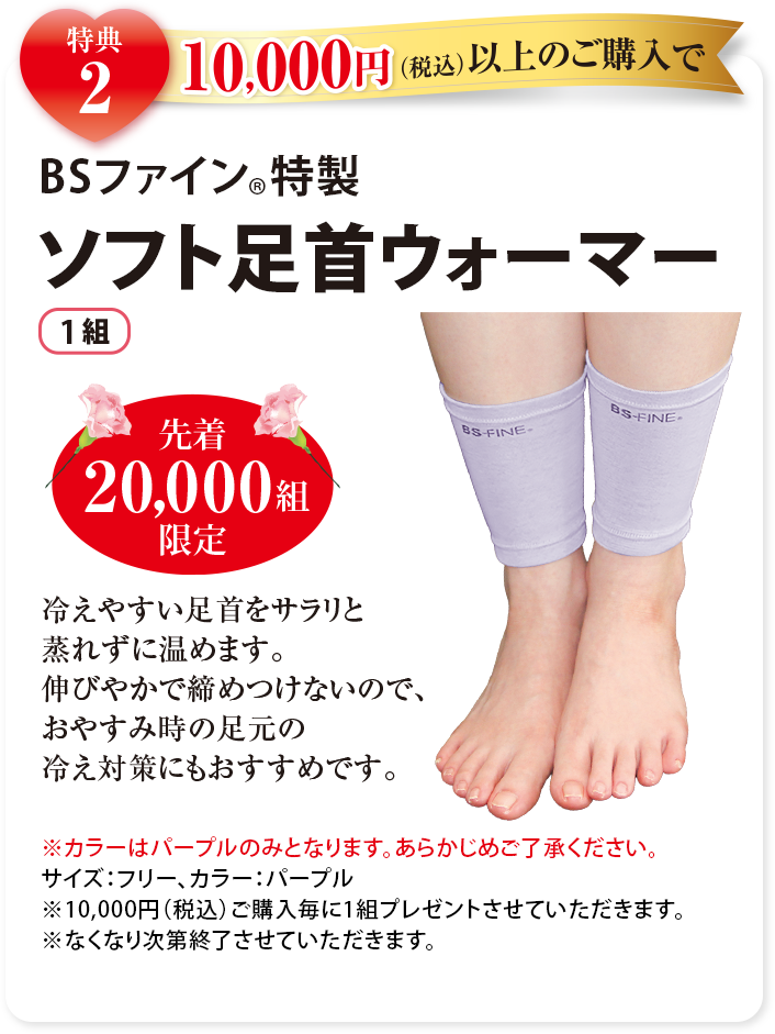 特典2 10,000円(税込)以上のご購入でBSファイン特製ソフト足首ウォーマー1組 先着20,000組限定