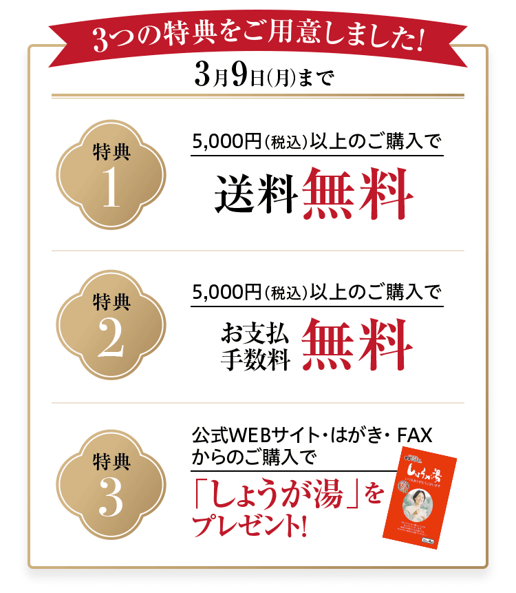 3つの特典をご用意しました！ 3月9日(月)まで 特典1 5,000円(税込)以上のご購入で 送料無料 特典2 5,000円(税込)以上のご購入で お支払い手数料 無料 特典3 公式WEBサイト・はがき・FAXからのご購入で 「しょうが湯」をプレゼント！