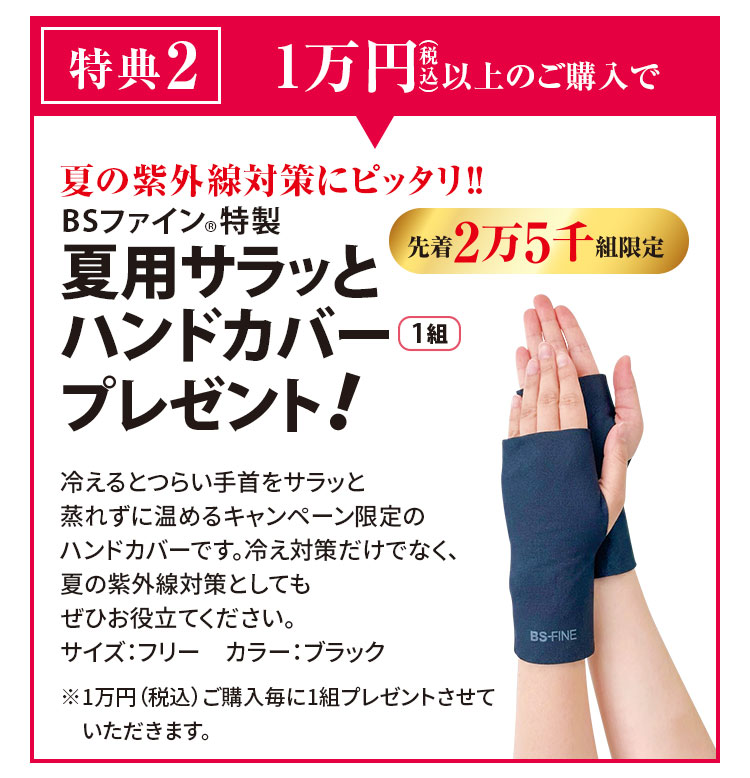 特典2 1万円（税込）以上のご購入で 夏用サラッとハンドカバー 1組 プレゼント！ 先着2万5千組限定