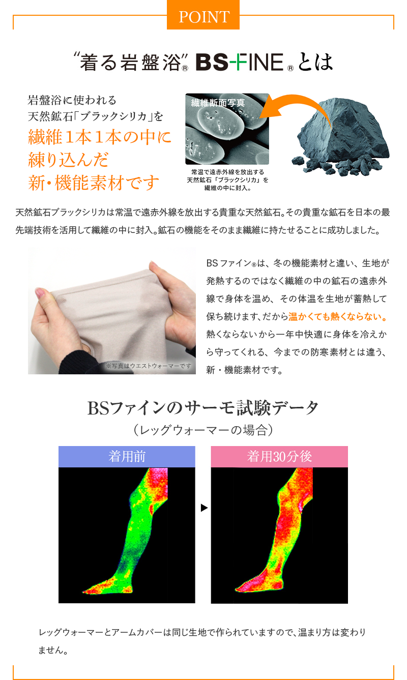 POINT 着る岩盤浴®︎ BS-FINE®︎とは 岩盤浴に使われる天然鉱石「ブラックシリカ」を繊維1本1本の中に練り込んだ新・機能素材です