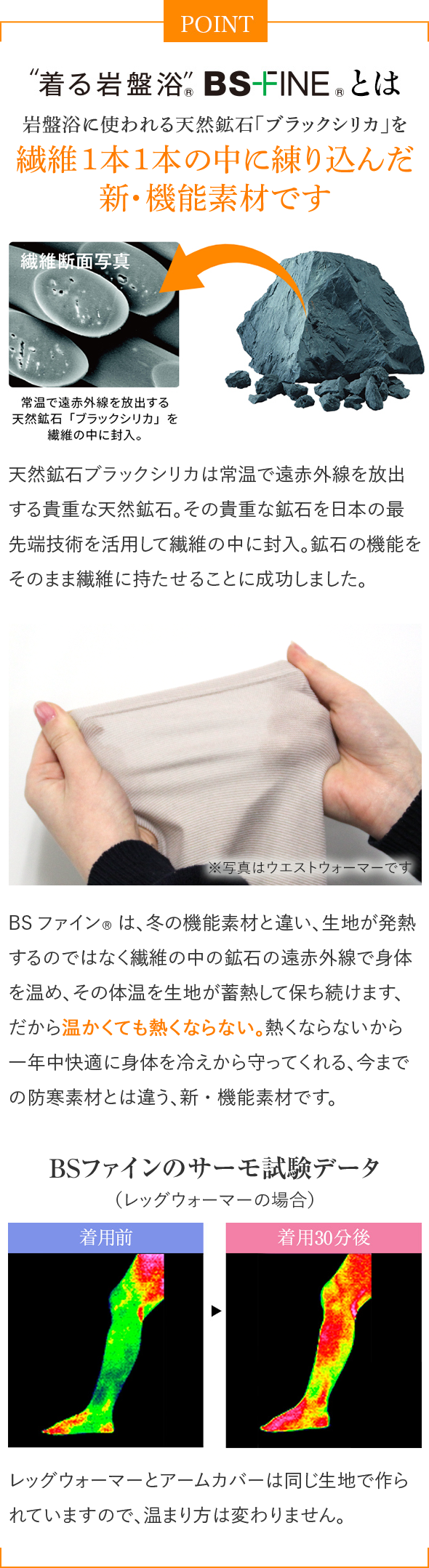 POINT 着る岩盤浴 BS-FINE®︎とは 岩盤浴に使われる天然鉱石「ブラックシリカ」を繊維1本1本の中に練り込んだ新・機能素材です