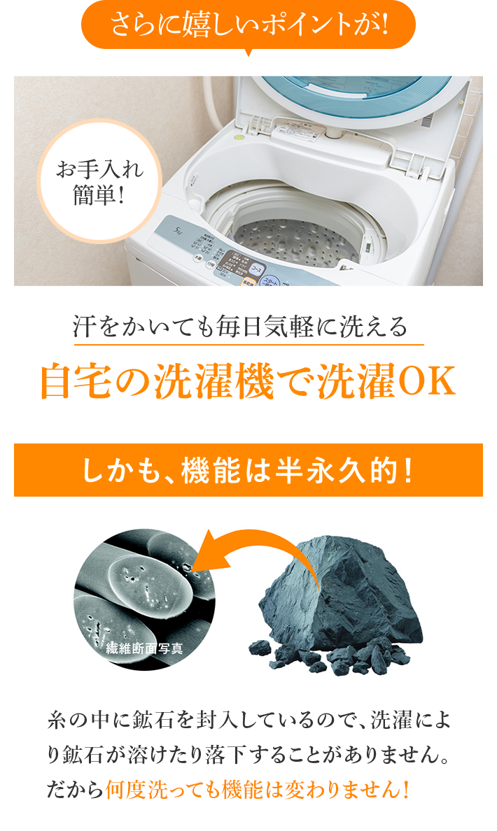 さらに嬉しいポイントが! 汗をかいても毎日気軽に洗える 自宅の洗濯機で洗濯OK