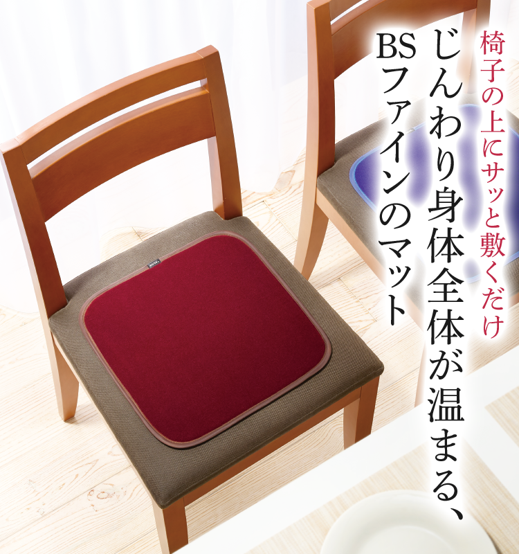 椅子の上にサッと敷くだけ じんわり身体 全体が温まる、 BSファインのマット