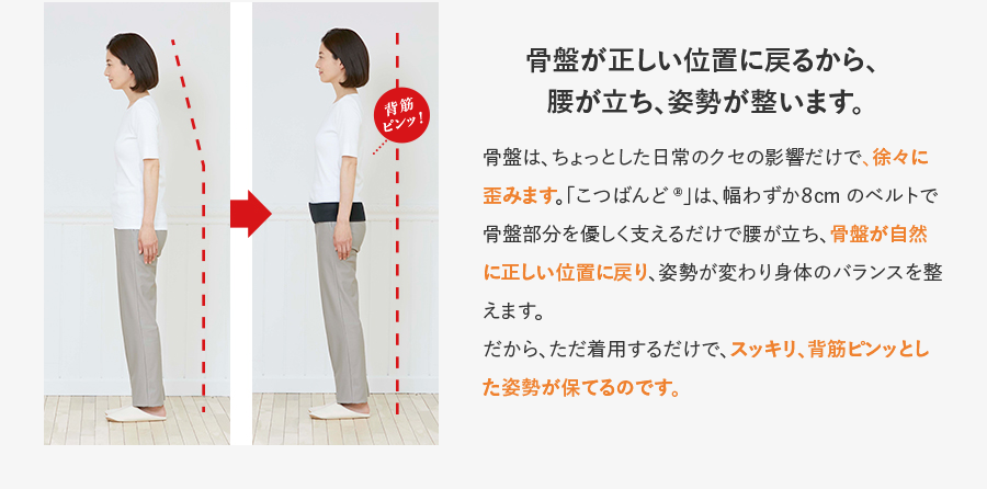 骨盤が正しい位置に戻るから、腰が立ち、姿勢が整います。