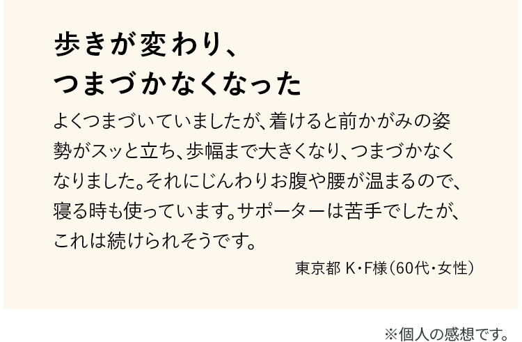 歩きが変わり、つまづかなくなった よくつまづいていましたが、着けると前かがみの姿勢がスッと立ち、歩幅まで大きくなり、つまづかなくなりました。それにじんわりお腹や腰が温まるので、寝る時も使っています。サポーターは苦手でしたが、これは続けられそうです。 東京都 K・F様（60代・女性） ※個人の感想です。