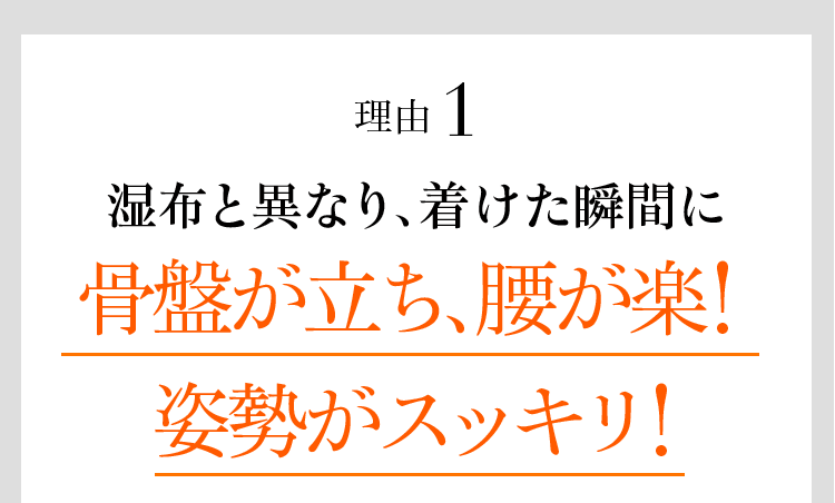 理由1 湿布と異なり、着けた瞬間に⾻盤が⽴ち、腰が楽！姿勢がスッキリ！