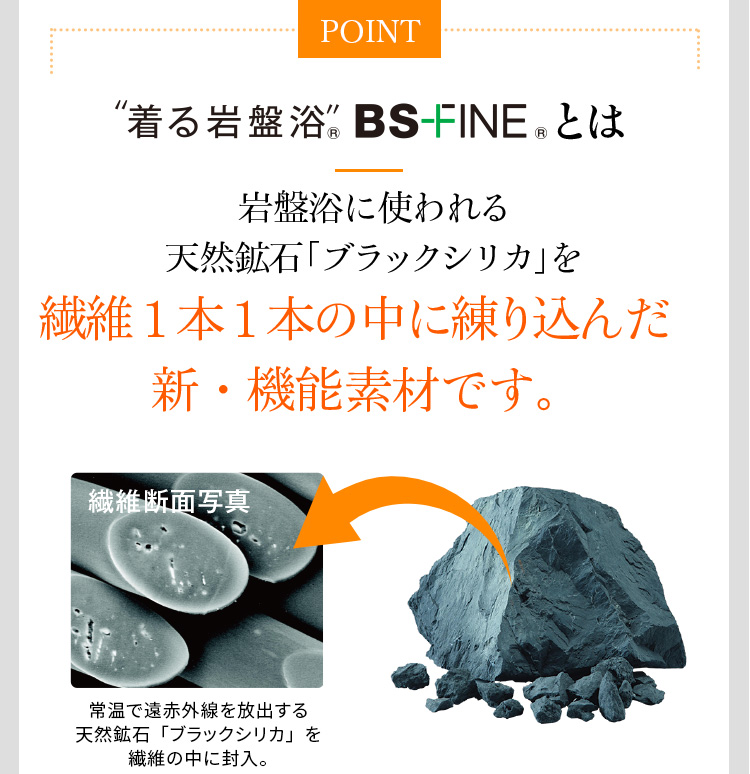 POINT “着る岩盤浴“ BS-FINE®︎ こつばんど®︎とは 岩盤浴に使われる天然鉱石「ブラックシリカ」を繊維1本1本の中に練り込んだ新・機能素材です。