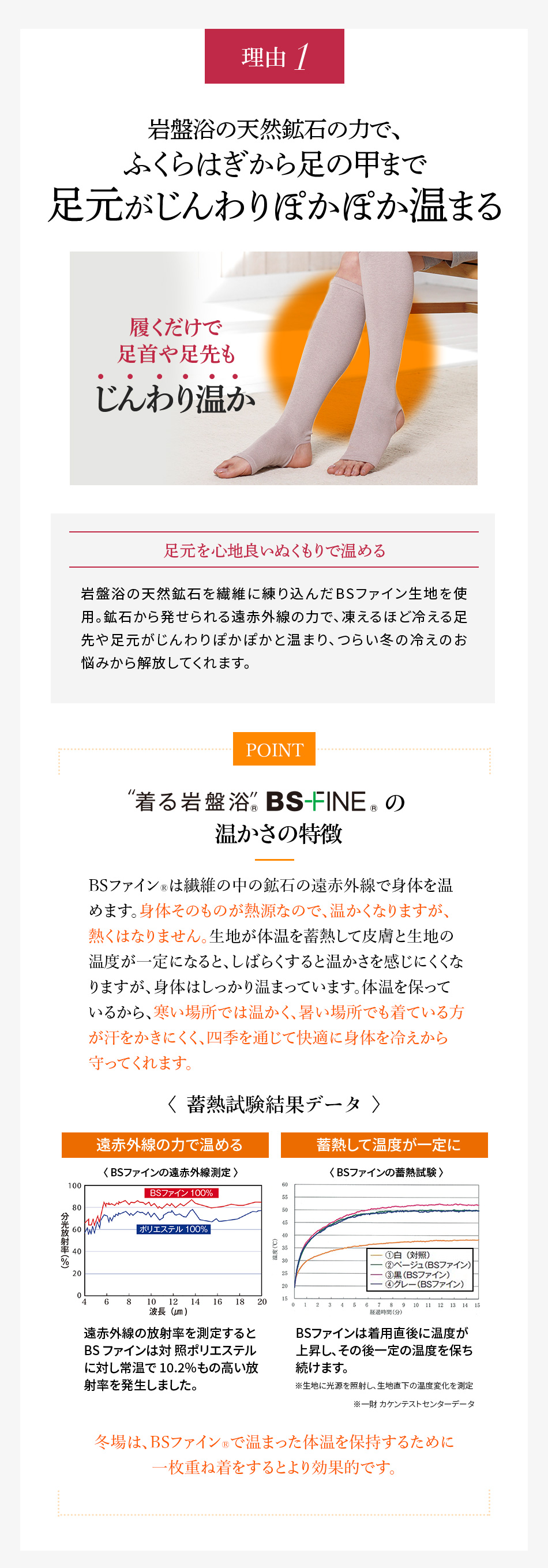 理由1 岩盤浴の天然鉱石の力で、ふくらはぎから足の甲まで足元がじんわりぽかぽか温まる