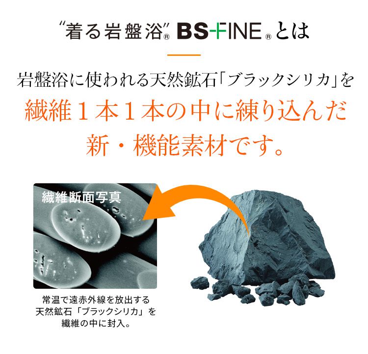 着る岩盤浴”BS-FINE®とは岩盤浴に使われる天然鉱石「ブラックシリカ」を繊維1本1本の中に練り込んだ新・機能素材です。