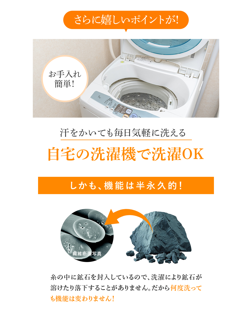 さらに嬉しいポイントが! 汗をかいても毎日気軽に洗える 自宅の洗濯機で洗濯OK