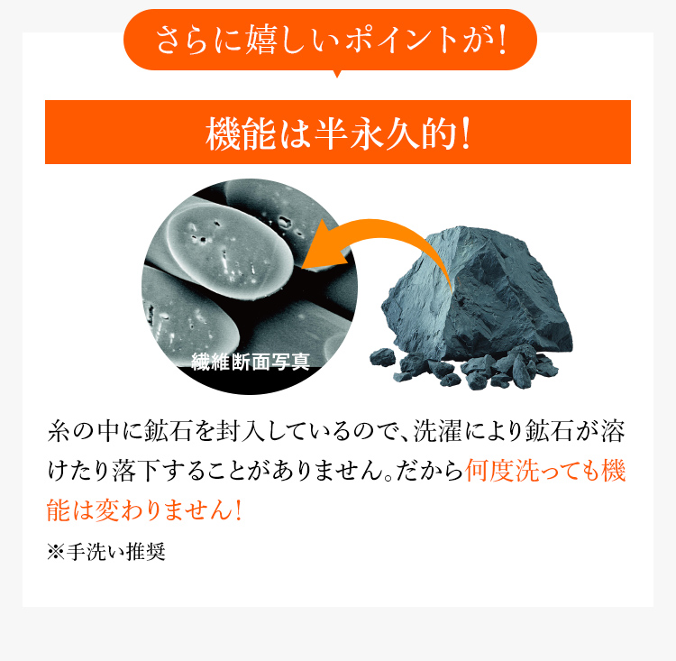 さらに嬉しいポイントが！機能は半永久的！  糸の中に鉱石を封入しているので、洗濯により鉱石が溶けたり落下することがありません。だから何度洗っても機能は変わりません！※手洗い推奨