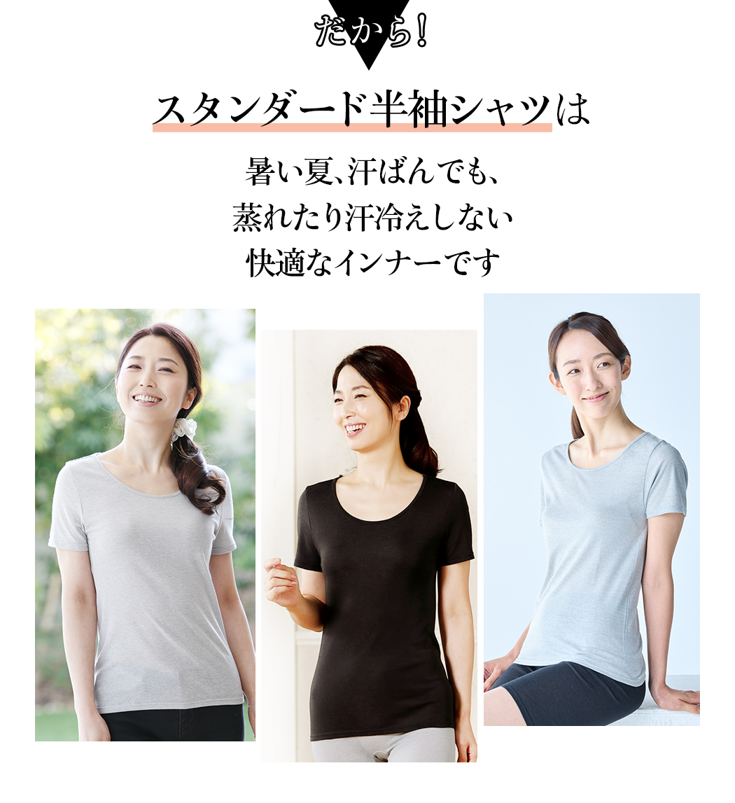 だからスタンダード半袖シャツは暑い夏、汗ばんでも、蒸れたり汗冷えしない快適なインナーです