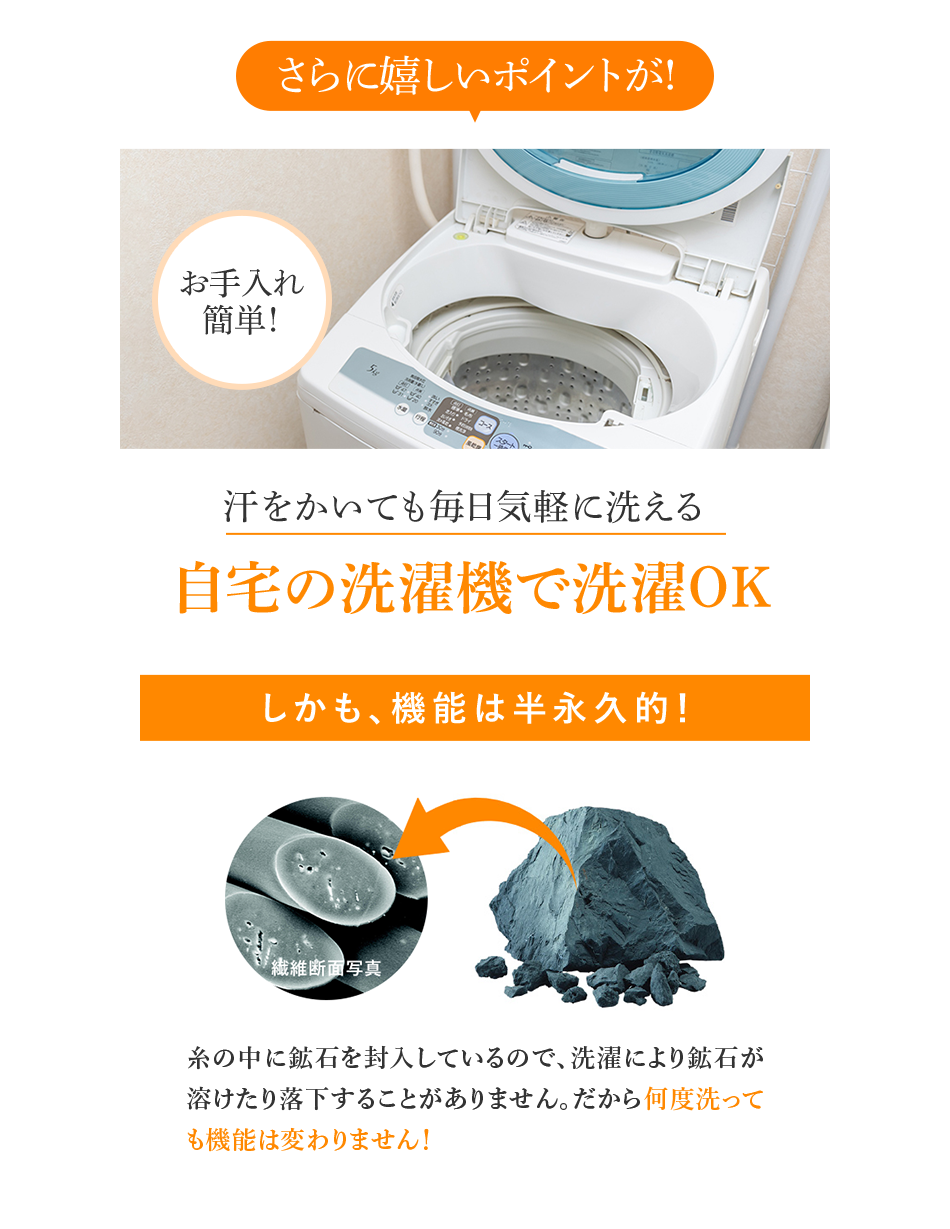 さらに嬉しいポイントが! 汗をかいても毎日気軽に洗える 自宅の洗濯機で洗濯OK