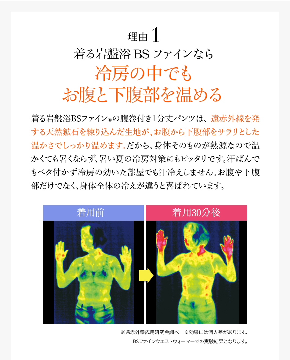 理由1 着る岩盤浴BSファインなら冷房の中でもお腹と下腹部を温める