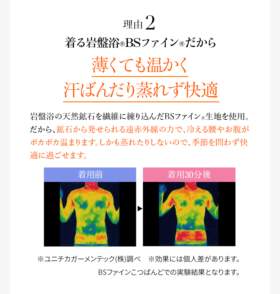 理由2 着る岩盤浴®︎BSファイン®︎だから薄くても温かく汗ばんだり蒸れず快適