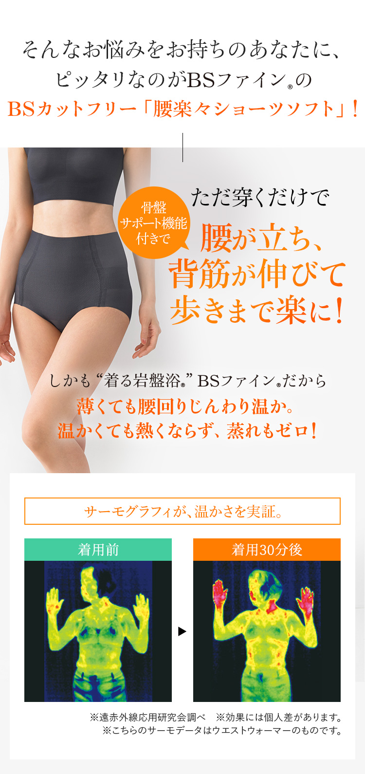 そんなお悩みをお持ちのあなたに、ピッタリなのがBSファイン®︎のBSカットフリー「腰楽々ショーツソフト」！