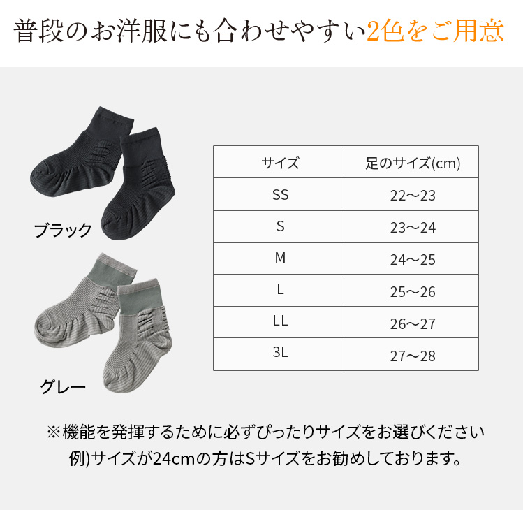 普段のお洋服にも合わせやすい2色をご用意 ブラックとグレー サイズ表示と足のサイズ(cm)SS:22～23、S:23～24、M:24～25、L:25～26、LL:26～27、3L:27～28 ※機能を発揮するために必ずぴったりサイズをお選びください例)サイズが24cmの方はSサイズをお勧めしております。