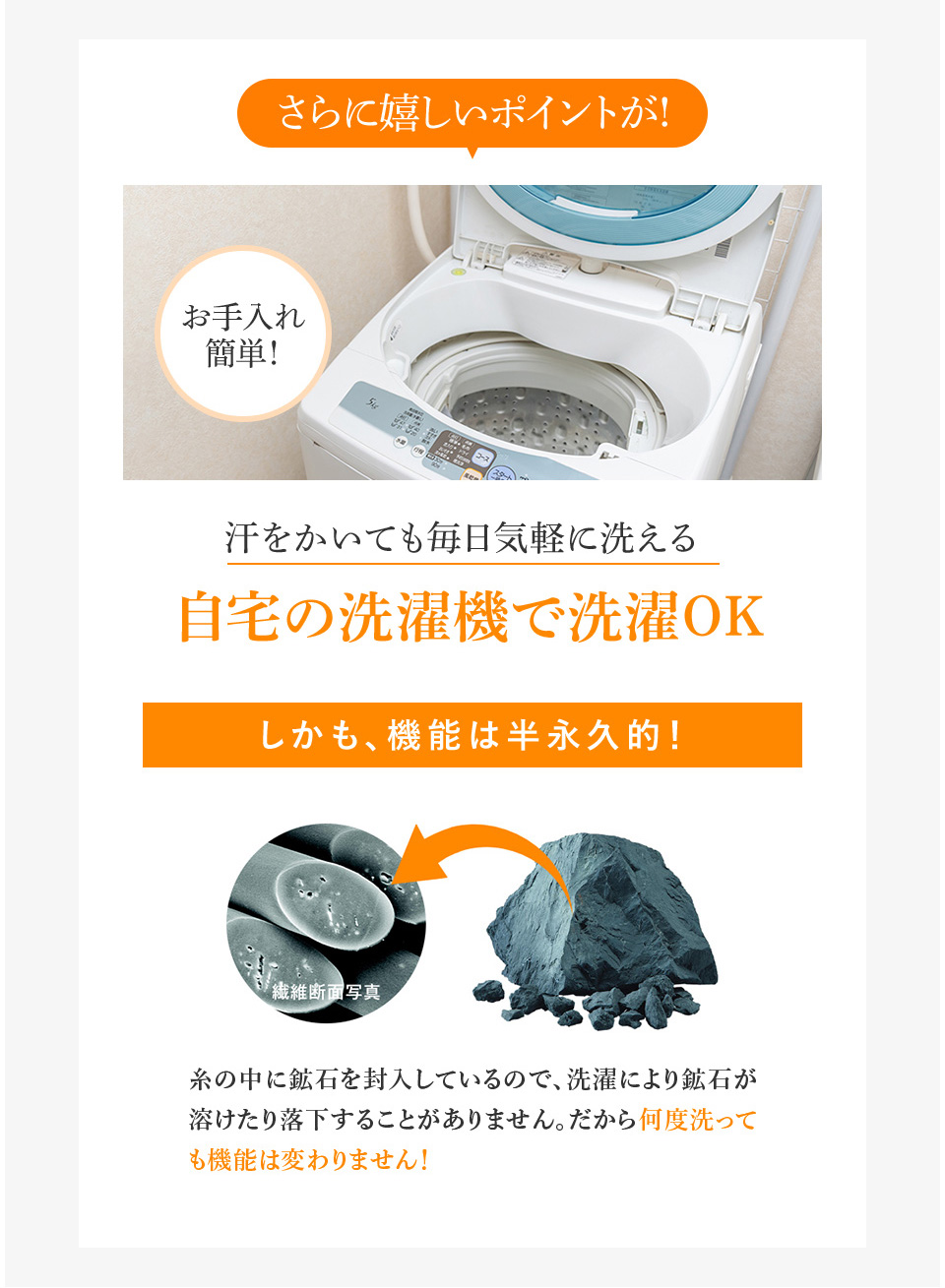 さらに嬉しいポイントが!汗をかいても毎日気軽に洗える自宅の洗濯機で洗濯OK しかも、機能は半永久的!