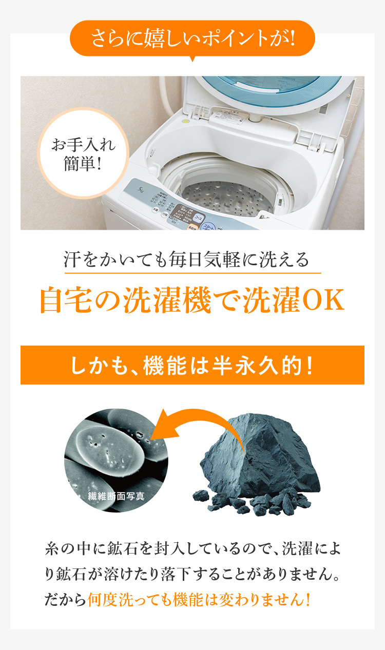 さらに嬉しいポイントが!汗をかいても毎日気軽に洗える自宅の洗濯機で洗濯OK しかも、機能は半永久的!